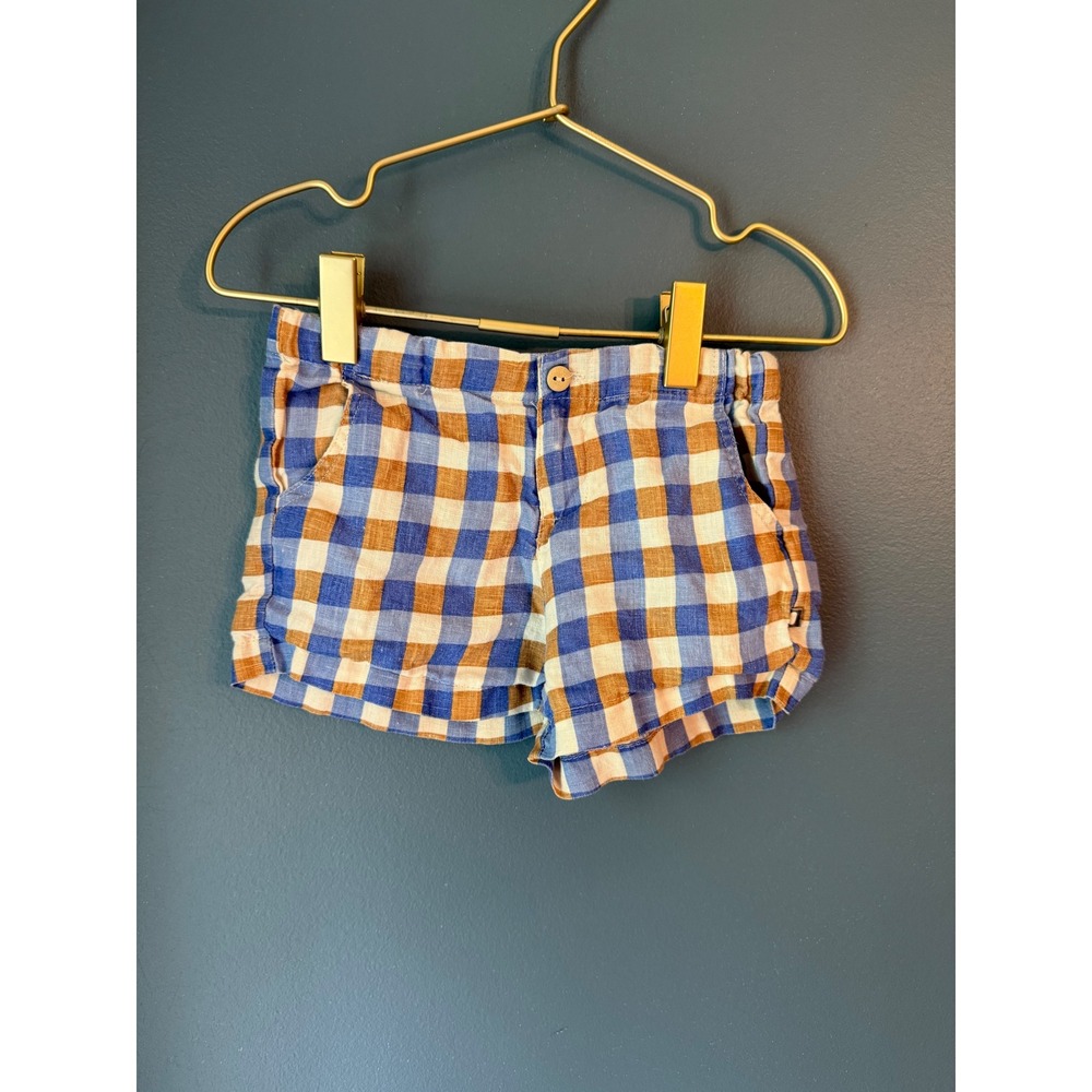 Oeuf Gingham Linen Shorts Blue Brown Check Baby 6-12M
